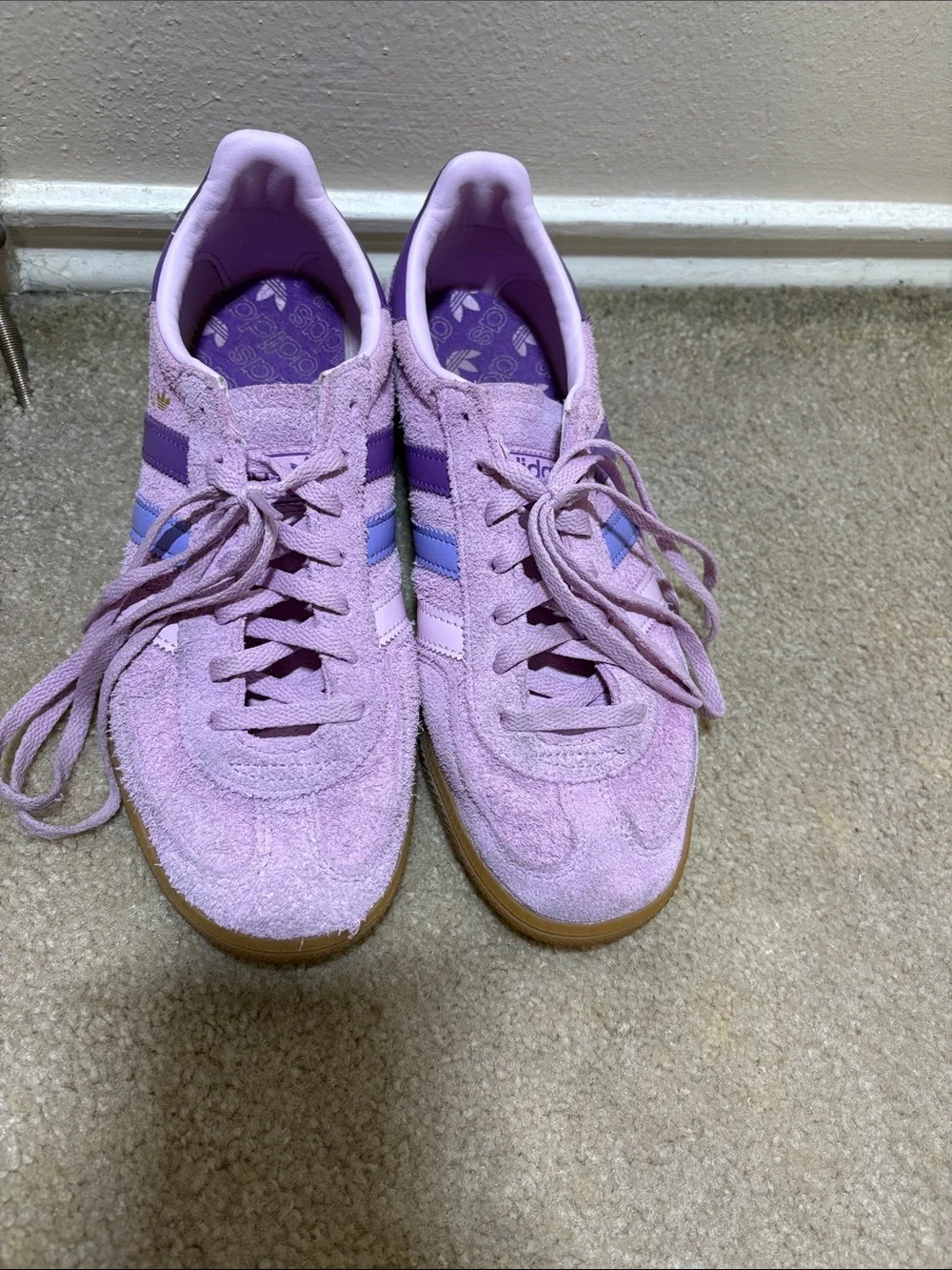 adidas Lavender Suede Sneakers with Purple and Light Blue Stripes - Picture 2 of 7